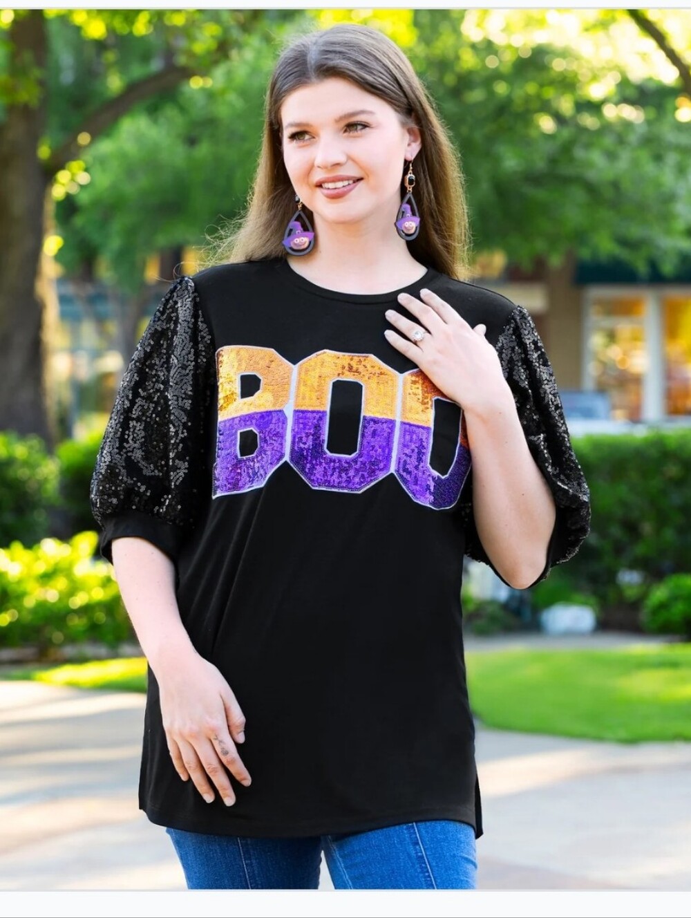 Nwt Sequin BOO Halloween Puff Sleeve Top.
